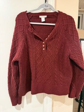 Design History Cable Knit V-Neck Sweater in Burgundy